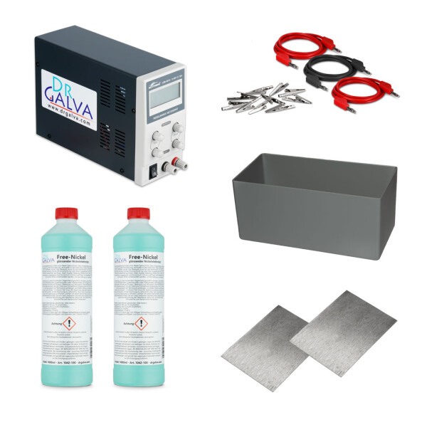 Nikkelset - complete set voor vernikkelen voor badgalvanisatie met 10A stroomvoorziening + 2l elektrolyt