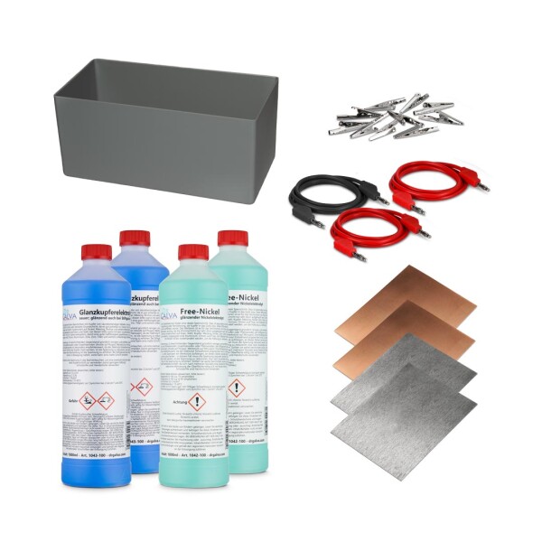 Glanskoper + Nikkel Set - Compleet set voor verkupfern en vernikkelen voor badgalvanisatie zonder stroomvoorziening + 2x2l elektrolyten