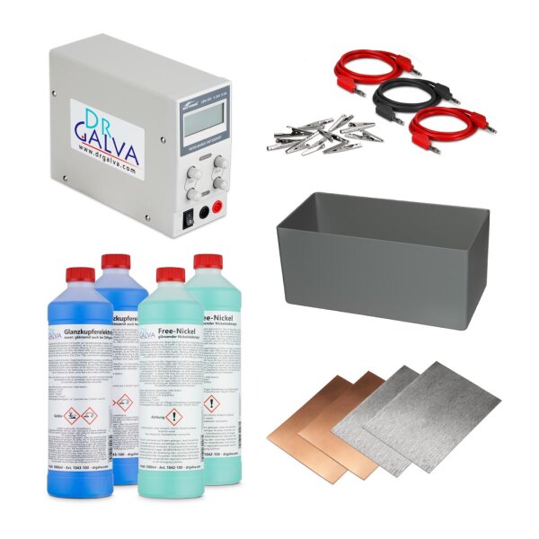 Glanskoper + Nikkel Set - Compleet set voor verkupfern en vernikkelen voor badgalvanisatie met 3A stroomvoorziening + 2x2l Elektrolyten